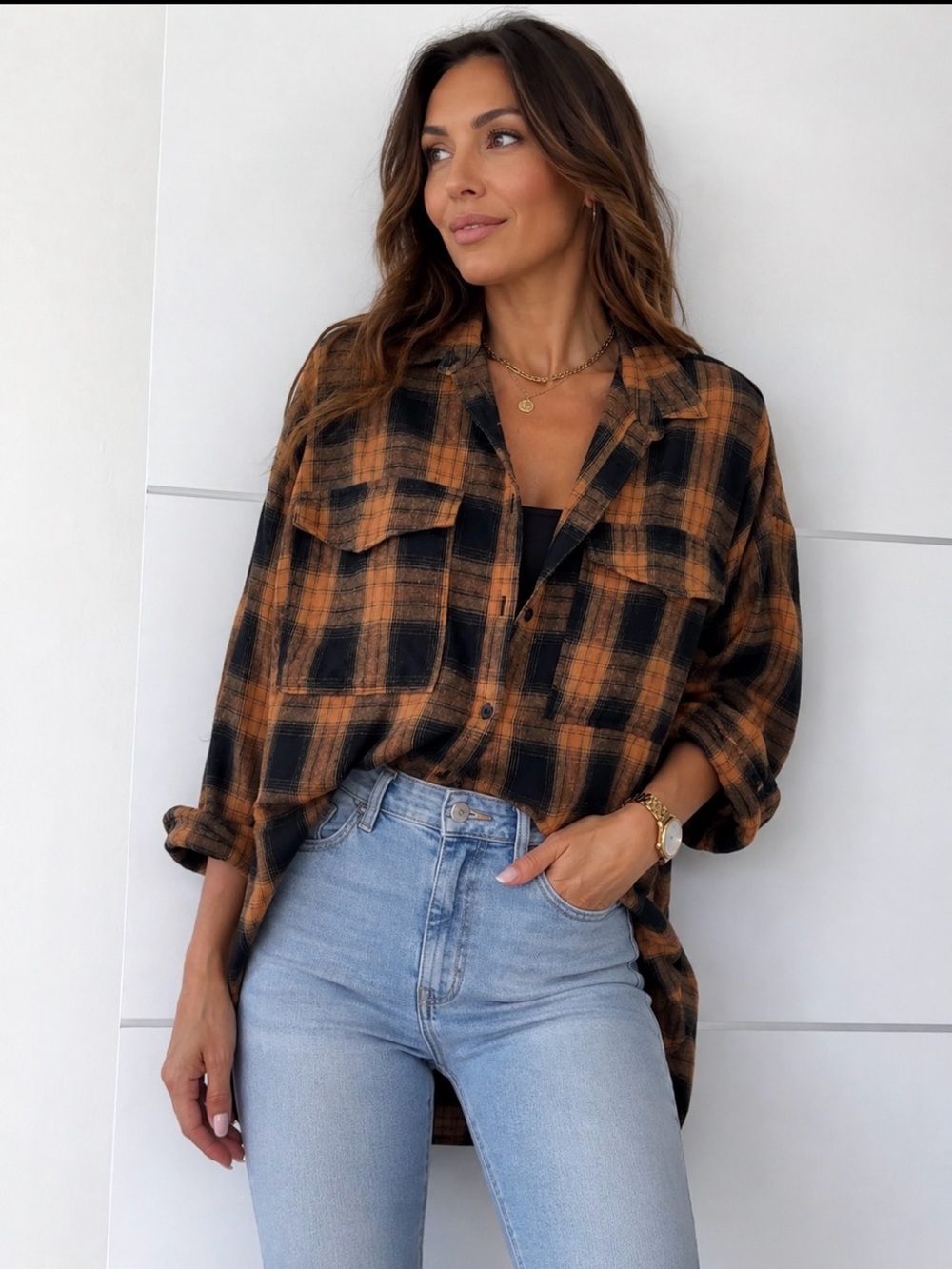 12th Tribe Women's Black and Brown Plaid Button-Up Shirt - Casual Oversized Top